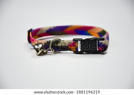 Colorful cat necklace and 
cat collar on white background.