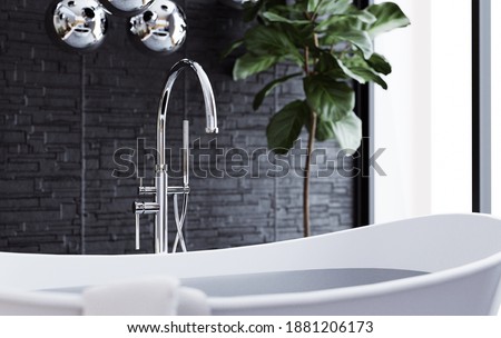Close up chrome faucet shower bath tub room interior design with window and plants in background