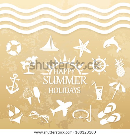 happy summer holiday, icons for summer on the beach