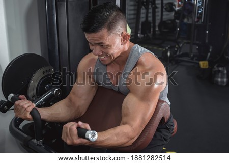 A well toned and fit asian man does some machine preacher curls at the gym or fitness club. High angle shot. Arm and bicep workout training. Royalty-Free Stock Photo #1881282514