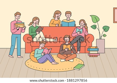People in a group reading a book. Many people are sitting around the sofa and reading together. flat design style minimal vector illustration.