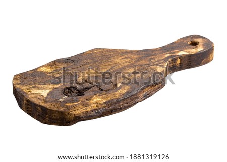 Old rustic saw cut and with knots, rectangular with handle, vintage, kitchen, cutting wooden board, with structure and cracked, scratched, black or brown, isolated on white background, new