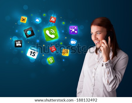 Attractive young woman calling by phone with various icons
