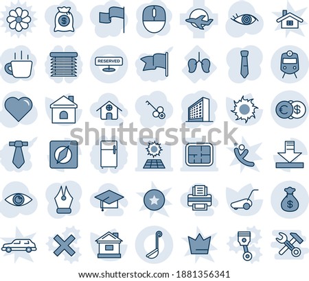 Blue tint and shade editable vector line icon set - train vector, office building, mouse, coffee, lawn mower, house, sun, heart, eye, lungs, plane, download, compass, euro dollar, money bag, ink pen