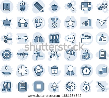 Blue tint and shade editable vector line icon set - umbrella vector, alarm clock, identity, garland, office binder, medal, pencil, bird house, ambulance star, run, disabled, lungs, sweet pepper, rca
