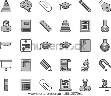 Thin line gray tint vector icon set - clip vector, graphite pencil, yardstick, calculator, book, new abacus, stacking rings, toy, notebook, square academic hat, round flask, magnet, research article