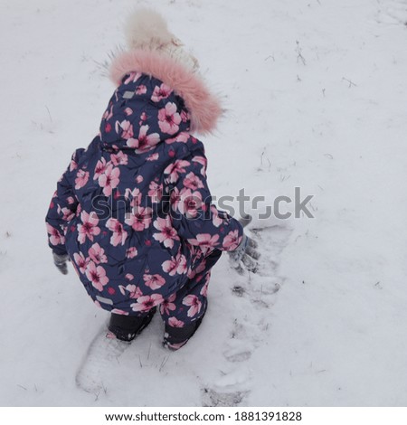 A little Caucasian kid girl in bright colored sport clothes with fluffy cap rolls a big snowball for showman on white snow background at winter day, close up back view