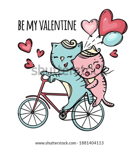 CATS RIDING TO VALENTINE DAY On Bicycle Pussycat Hugs Her Lover And Keep Balloons Cartoon Animals Hand Drawn Clip Art Vector Illustration For Print