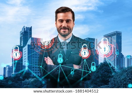 A young European cybersecurity developer in cross hand pose thinking about new concepts at security compliance division to protect clients information. IT lock icons over Bangkok background.