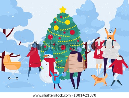 Winter season outdoor walk at snow, flat people character vector illustration. Cartoon christmas holiday, man woman character around tree. Family make snowman in cold city landscape design.