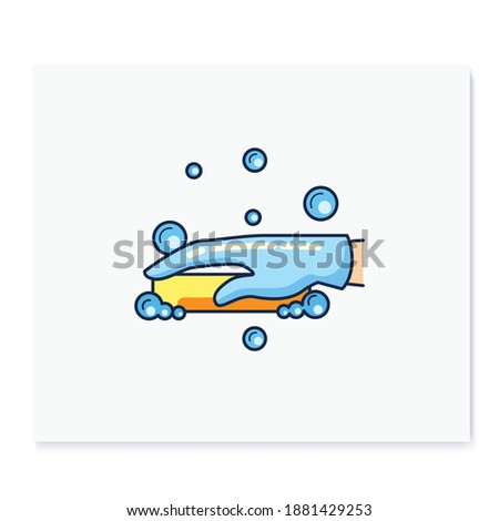 Soap cleaning color icon. Soaping, foaming. Housekeeper hand in blue glove with soap or sponge. Wet cleaning. Housekeeping and surface disinfection concept. Isolated vector illustration