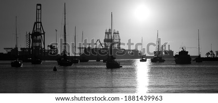 Bay with anchored sailboats at sunrise and port in the background, monochrome mode