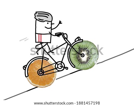 Hand drawn - Cartoon Sporty Cyclist with big Fruity Wheels - Collage