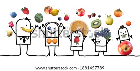 Hand drawn - Cartoon Happy Family playing and Juggling with Fruits - Collage