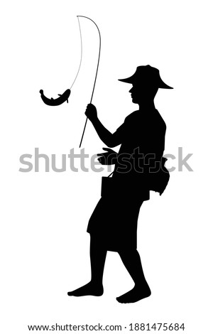 Asian fisherman with fishing pole silhouette vector