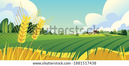 Country house, farm fields, trees. Summer day, hills and sky with clouds.