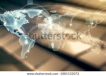 Abstract graphic digital world map hologram with connections on abstract metal background, globalization concept. Multiexposure