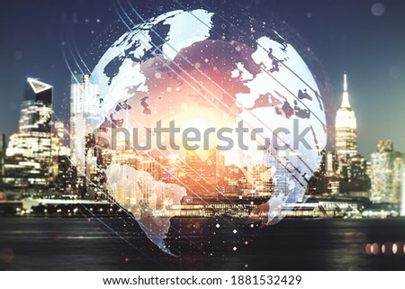 Abstract creative digital world map on New York cityscape background, globalization concept. Multiexposure