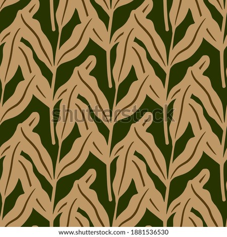 Nature seamless pattern with autumn pale beige leaf branches shapes on dark green background. Vector illustration for seasonal textile prints, fabric, banners, backdrops and wallpapers.