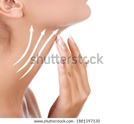 Pretty woman touching her neck, isolated on white background. Anti-aging concept Royalty-Free Stock Photo #1881597130