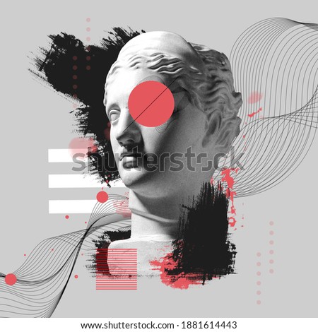 Contemporary art collage with antique statue head in a surreal style. Royalty-Free Stock Photo #1881614443