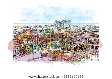 Building view with landmark of Cartagena is the
city in Colombia. Watercolour splash with hand drawn sketch illustration in vector.