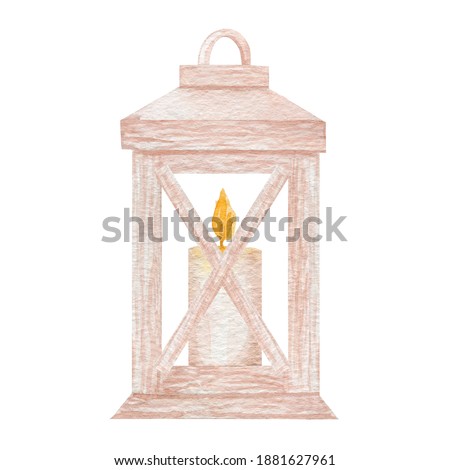 Wooden lantern with candle watercolor illustration. Wedding lantern decoration isolated on white background.