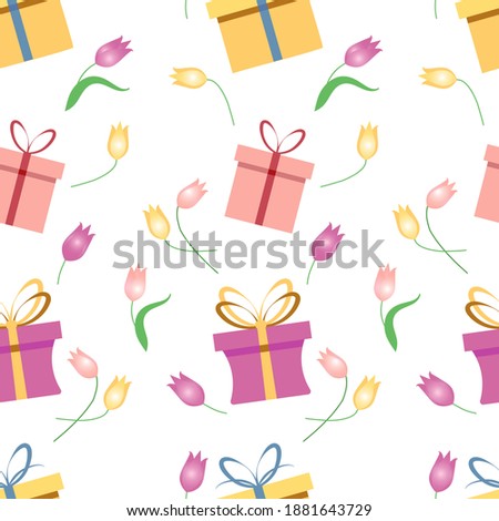 Seamless pattern with multicolored gift boxes and tulips.