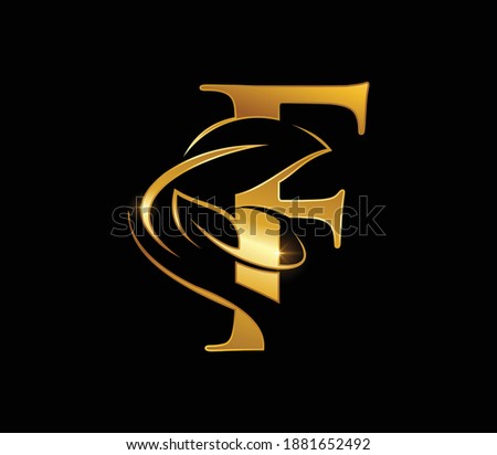A vector Illustration of Golden Leaf Monogram Initial Letter F in black background with gold shine effect