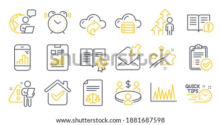 Set of Education icons, such as Quick tips, Legal documents, Diploma symbols. Open mail, Alarm clock, Employee result signs. Meeting, Report document, Cloud share. Graph phone, Line graph. Vector