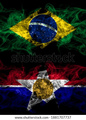 Brazil, Brazilian vs United States of America, America, US, USA, American, Dallas, Illinois smoky mystic flags placed side by side. Thick colored silky abstract smoke flags.