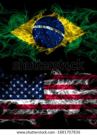 Brazil, Brazilian vs United States of America, America, US, USA, American smoky mystic flags placed side by side. Thick colored silky abstract smoke flags.