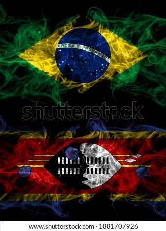 Brazil, Brazilian vs Swaziland smoky mystic flags placed side by side. Thick colored silky abstract smoke flags.