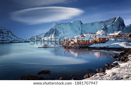 Amazing beautiful nature of Norway. landscape of Lofoten Islands. winter scenery with traditional fisherman Rorbues cabins in village of Sakrisoy. Norway. Iconic location for landscape photographers.