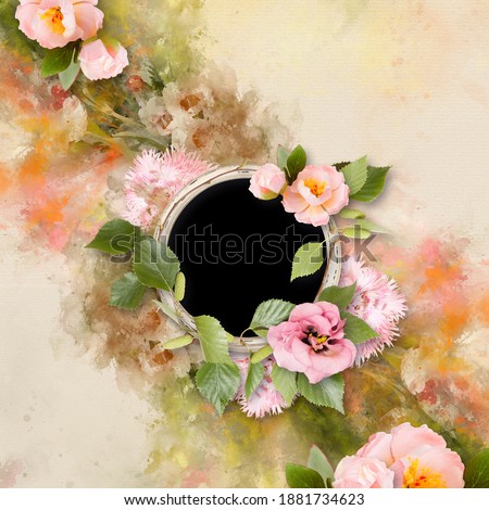 Spring scrapbook frame for photo with tender roses on green background. Spring blossom mood. Decorative frame in scrapbook style with rose flowers. Romantic theme. Spring, summer and flowers theme