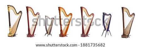 Pedal and levers irush harps. Classic and folk music instruments hught resolution on white background. Royalty-Free Stock Photo #1881735682