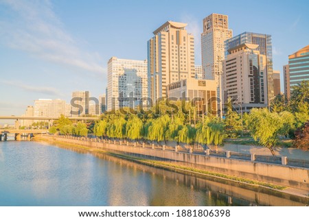 Modern architecture skyline and ancient canal scenery of Jianwai CBD in Beijing, China
