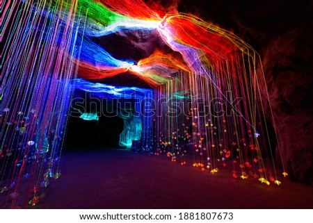 Lighting decorate on the cave like waterfall shape in lighting festival show