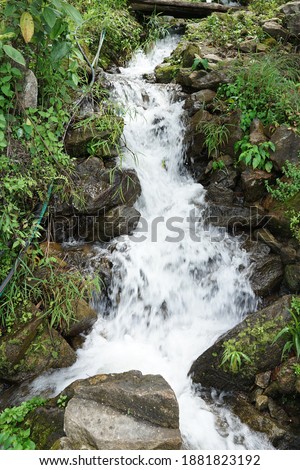 Spring waterfall cascade creek in green grass park Royalty-Free Stock Photo #1881823192