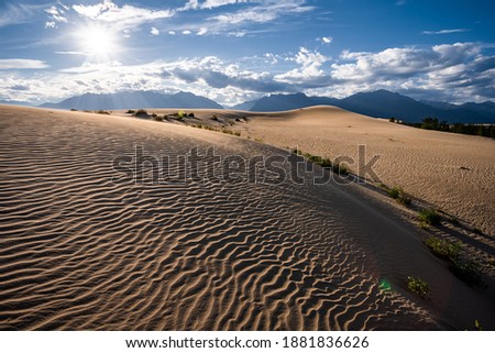 Chara sands with desert vegetation against the backdrop of mountains and sun Royalty-Free Stock Photo #1881836626