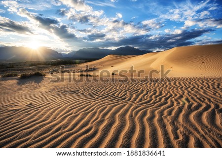 Chara dunes, desert vegetation, people and mountains in the background Royalty-Free Stock Photo #1881836641