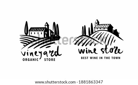 vineyards with house emblem for liquor store Royalty-Free Stock Photo #1881863347