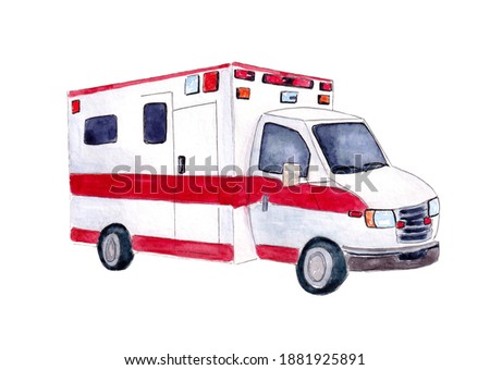 Hand drawn Watercolor Ambulance. Transport designed for the rapid provision of medical care. Transportation of doctors and patients to the hospital