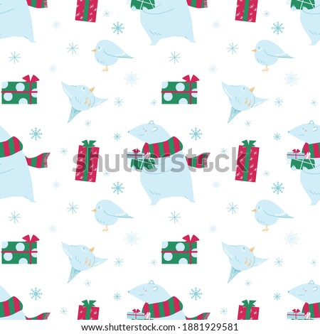 Winter pattern with birds and a polar bear in a scarf among gifts with bows and snowflakes on a white background