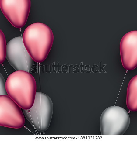 Silver and pink foil balloons with threads on black background. Space for text. Vector festive illustration.