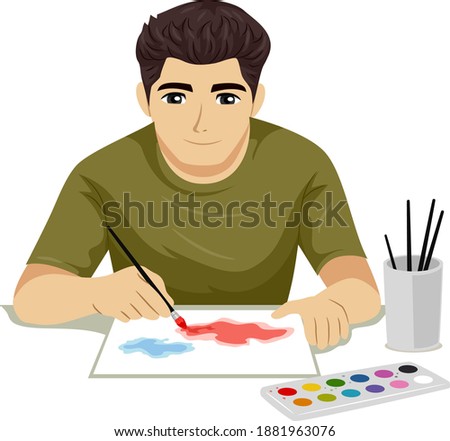 Illustration of a Teenage Guy Holding Brush Making Watercolor Painting