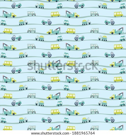 Original hand drawn cars are driving along the city road. Seamless pattern for boys. Children's vector illustration