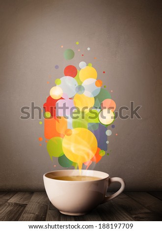 Tea cup with colorful speech bubbles, close up