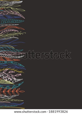 Hand drawn vector illustration with vertical border of herbs in doodle style (plants, grass, weed, leaves). Background for greeting card, tile, textile, inkle. Vector EPS10