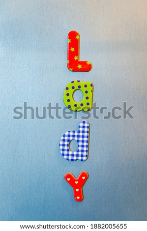 A vertical shot of colorful words spelling out lady in a line